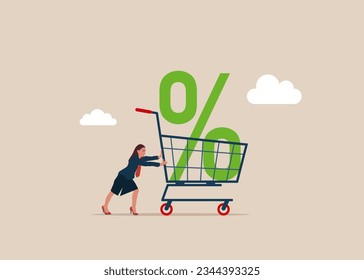 Woman pushing shopping cart trolley with big percentage sign. Mortgage loan interest rate. Vector illustration