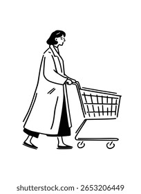 Uma mulher empurrando um carrinho de compras enquanto faz compras no supermercado. Ilustração minimalista da arte de linha de uma rotina diária ou recado.