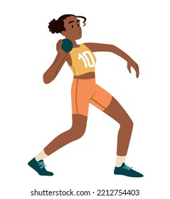 Woman pushing shot. Strength testing, athletics and competitions. Poster or banner for website. Young girl with heavy kettlebell. Sports and active lifestyle. Cartoon flat vector illustration