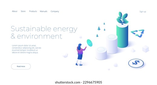 Woman pushing standby button. Sustainable energy concept in isometric vector design. Ecological electricity consumption and power usage. Web banner layout template