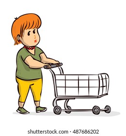 Woman pushing supermarket shopping cart. Hand drawn cartoon vector illustration.