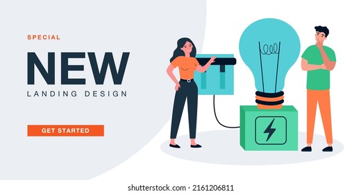 Woman pushing toggle switch, lighting bright light bulb. Tiny persons standing with electric lamp flat vector illustration. Business idea concept for banner, website design or landing web page