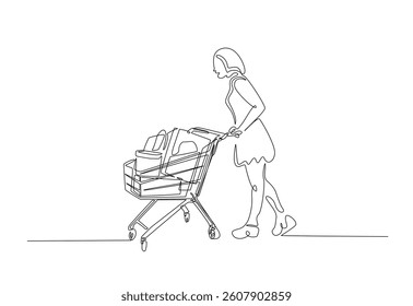 Woman pushing trolley at supermarket in continuous one line drawing. Single line art illustration of woman with shopping cart . Editable vector.