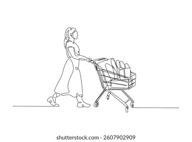Woman pushing trolley at supermarket in continuous one line drawing. Single line art illustration of woman with shopping cart . Editable vector.
