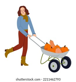 Woman Pushing Wheelbarrow With Autumn Harvest. Farm Worker Going With Garden Cart With Pumpkins Harvest. Farmer And Pushcart. Colored Flat Vector Illustration Isolated On White Background