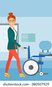 Woman pushing wheelchair.