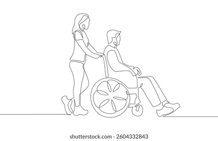 Woman Pushing a Wheelchair with a Man Continuous One Line Drawing. Help Concept Minimalistic Black Lines Drawing on White Background. One Line Abstract Drawing. Peoples Modern Design. Vector. Not AI