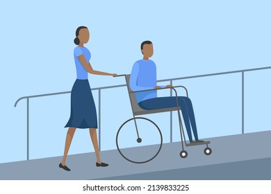 Woman Pushing Wheelchair With Person With Disability On Ramp. Vector Illustration.