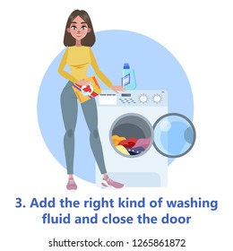 Woman put dirty clothes in a washing machine. Laundry and domestic work. Equipment for things cleaning. White washer. Isolated flat vector illustration