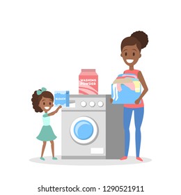 Woman put dirty clothes in a washing machine. Laundry and domestic work. Daughter helping mother. Equipment for things cleaning. White washer. Isolated flat vector illustration
