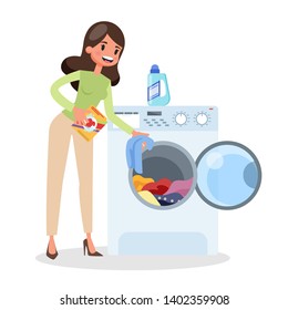 Woman put dirty clothes in a washing machine. Laundry and domestic work. Equipment for things cleaning. White washer. Isolated flat vector illustration