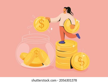 Woman put drop dollar coin into jar piggybank make saving investment for future. Girl collect money, accumulate capital. Invest and deposit, finance and banking concept. Vector illustration. 