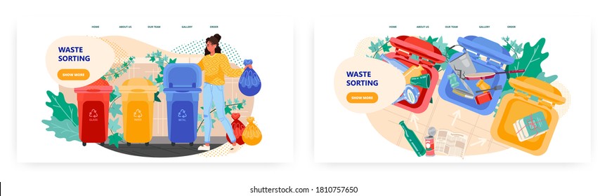 Woman put garbage bag into trash bin. Waste sorting and recycle concept illustration. Vector web site design template. Different colors containers for different types of waste. Plastic, metal, paper