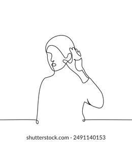 woman put her hand to her ear to hear better - one line art vector. concept eavesdrop, bad hearing, listen. Handmade vector not AI
