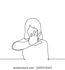 woman put her hand in front of herself at the camera - one line art vector. concept gesture stop. Handmade vector not AI