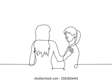 Woman Put Her Hand On Her Friend's Shoulder - One Line Drawing Vector. Concept Female Solidarity, Female Friendship, Comfort And Psychological Support