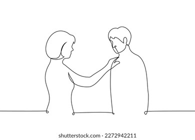 woman put her hand the man's shoulder  they stand opposite each other    one line drawing vector  the concept friendship between man   woman  support from woman  couple