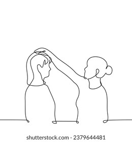 woman put her hand on another's head - one line art vector. concept pat on the head, pat affectionately, praise