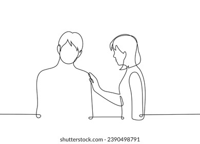 woman put her hand on man in an attempt to console - one line art vector. concept solidarity, consolation, emotional support