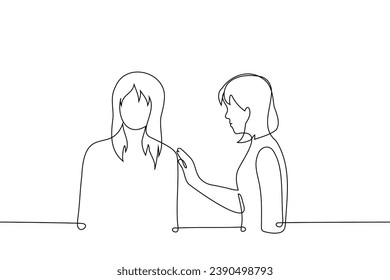 woman put her hand on another woman in an attempt to console - one line art vector. concept solidarity, consolation, emotional support