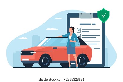 The woman put his hand on the roof of his car and looks ahead with confidence as he has an insurance policy. Car insurance concept. Vector illustration.