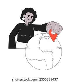 Woman put location pin on map monochrome concept vector spot illustration. Traveler selecting place 2D flat bw cartoon character on white for web UI design. Isolated editable hand drawn hero image