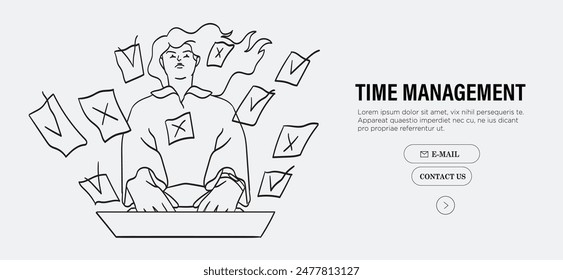 Woman put memory notes in laptop using application or program software. Employee or manager mark with v or x checkbox work done and organize workflow. Line vector illustration. Multitasking concept.