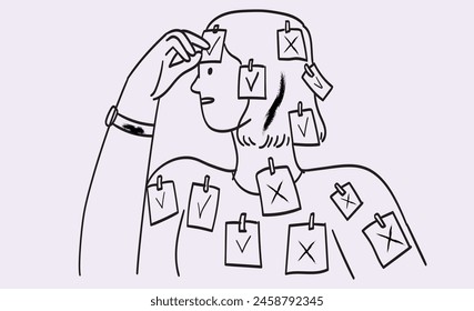 Woman put memory notes marking v and x cross checkmarks while planning and controlling work, study and projects in schedule. Organize efficient business, set priorities, reminders. Work life balance.