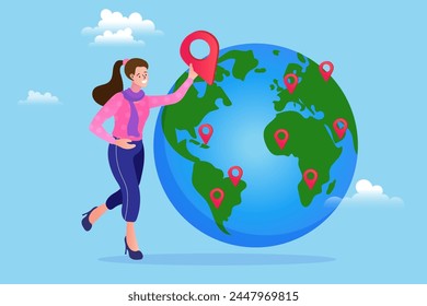 Woman put new branch pin on world map. Global business expansion. franchise in new location to cover all continent. open company branches. growing business worldwide. Flat modern vector illustration.