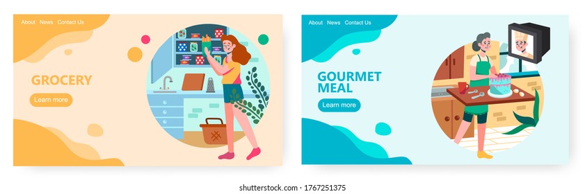 Woman Put New Jar In Kitchen Shelf. Woman Watch Cooking Tv Show And Cook Cake. Concept Illustration. Vector Web Site Design Template. Landing Page Website Illustration