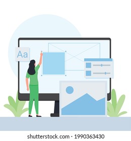 La mujer pone rectángulo en la pantalla y otro icono de diseño