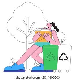 Woman put rubbish in trash bin, dumpster or container. Happy character practice garbage collection, sorting and recycling. Cartoon vector illustration of people with outline for posters, app, website.