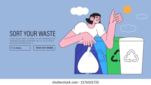 Woman put rubbish in trash bin, dumpster or container. Character do garbage collection, sorting and waste recycling. Cartoon vector illustration of people for posters, app, web landing page. Ecology.