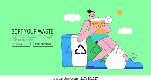 Woman put rubbish in trash bin, dumpster or container. Character do garbage collection, sorting and waste recycling. Cartoon vector illustration of people for posters, app, web landing page. Ecology.