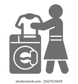 Woman put shirt to washing machine solid icon, laundry service concept. Vector graphics. Laundry worker washing clothes sign on white background, glyph style icon for mobile or web design