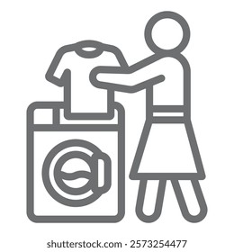 Woman put shirt to washing machine line icon, laundry service concept. Vector graphics. Laundry worker washing clothes sign on white background, outline style icon for mobile or web design