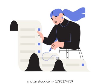 Woman put a tick on to do list. Business task. Female employee fill out checklist. Successeful work planning, mission complete concept. Check contract details or personal information or data.