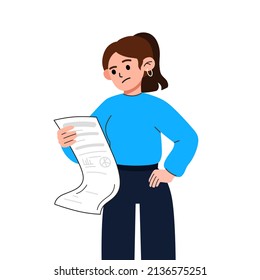 Woman put a tick on to do list. Business task. Female employee fill out checklist. Successeful work planning, mission complete concept. Check contract details or personal information or data.