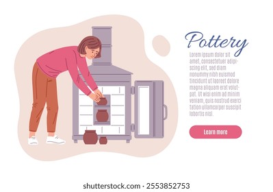 Woman puts clay vase, pot in the muffle furnace for firing ceramic product. Pottery hand made hobby workshop craft. Handcrafted ceramics, creative pottery hobby. Vector landing page banner design