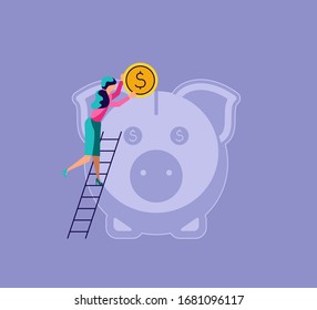 Woman puts a coin in the piggy bank. The metaphor of accumulating personal capital and saving money. Isolated on purple. Flat Art Vector Illustration