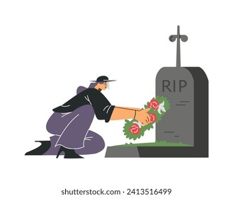 Woman puts a funeral wreath of flowers on the gravestone burial. Person in sadness, mourns the dead. Funeral ritual concept. Cartoon funerary ceremonial sorrow flat illustration