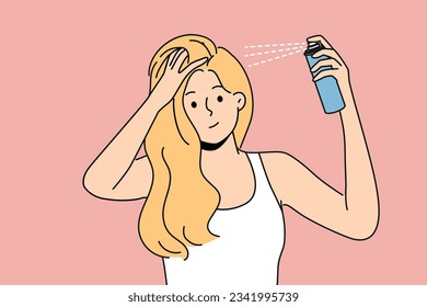 Woman puts hairspray on hair while preparing to go on date or party and wants to be most beautiful. Blonde girl uses cosmetic products for hair care, wanting to add splendor hairstyle