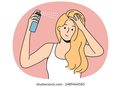 Woman puts hairspray on hair while preparing to go on date or party and wants to be most beautiful. Blonde girl uses cosmetic products for hair care, wanting to add splendor hairstyle