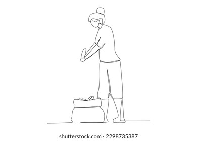 A woman puts the harvest in a sack. Farmer one-line drawing