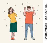 The woman puts her hand in her mouth and says wow. A man is doing a victory pose with fists up. hand drawn style vector design illustrations. 