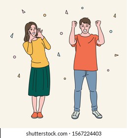 The woman puts her hand in her mouth and says wow. A man is doing a victory pose with fists up. hand drawn style vector design illustrations. 