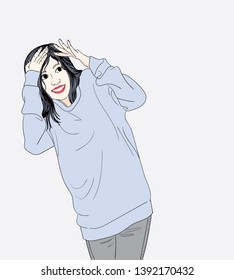 Woman puts her hands in front of her face because the sun is very hot in the outdoor garden.Doodle art concept, illustration painting