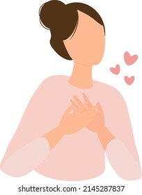 Woman puts her hands on chest. Female character feeling positive emotions, praying. Girl with open heart. Love romantic message concept vector illustration. Decision making. Love yourself concept. 