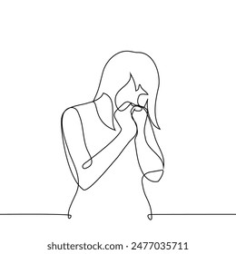 woman puts his hands to his face in a praying gesture - one line vector. concept desperately wishing, praying, affirmations. Handmade vector not AI
