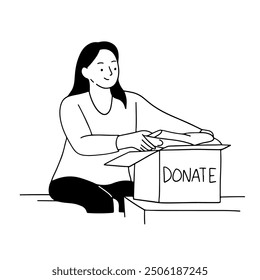 The woman puts in the items she wants to donate handdrawn illustration